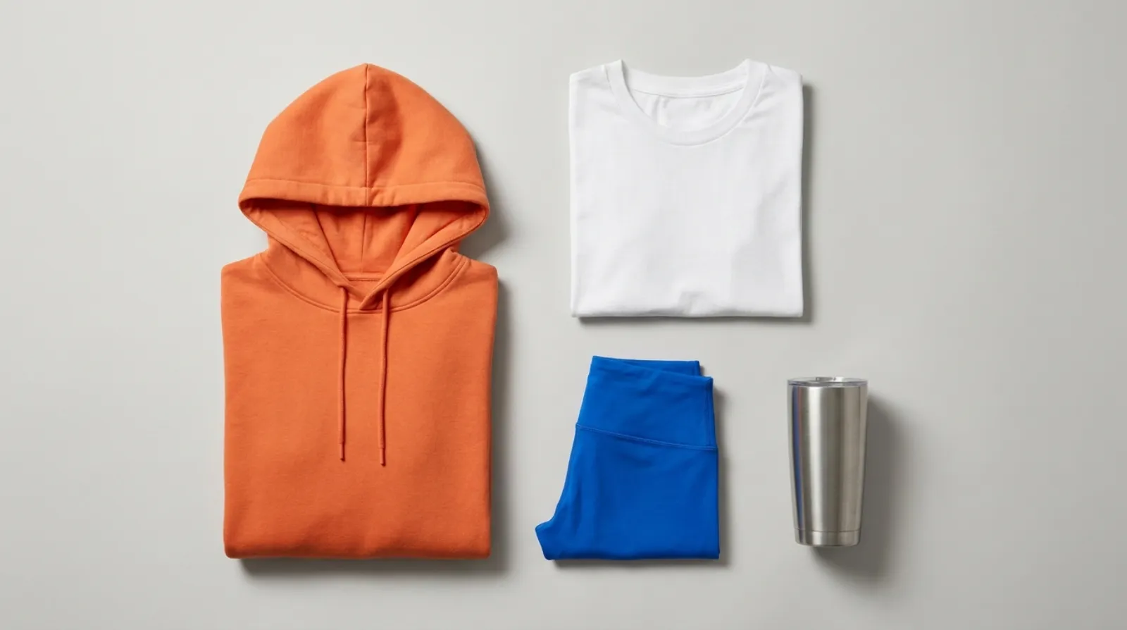 Overwatch merch apparel flat lay in orange, white, and blue hero colors