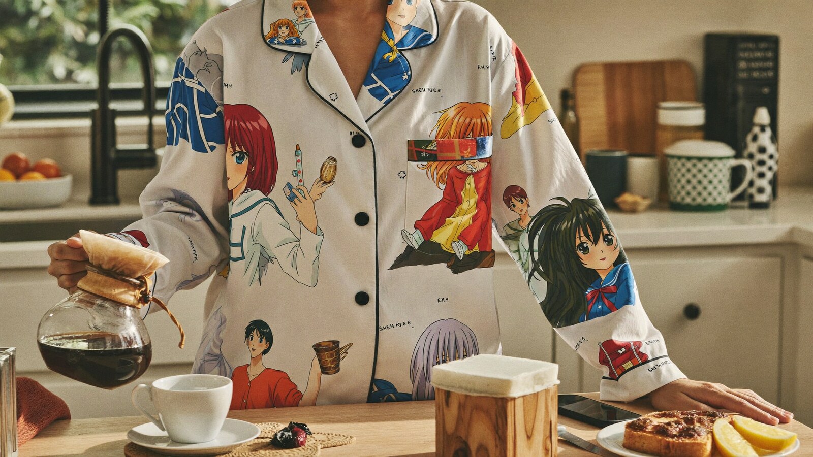Anime-inspired pajamas styled in a natural daylight scene