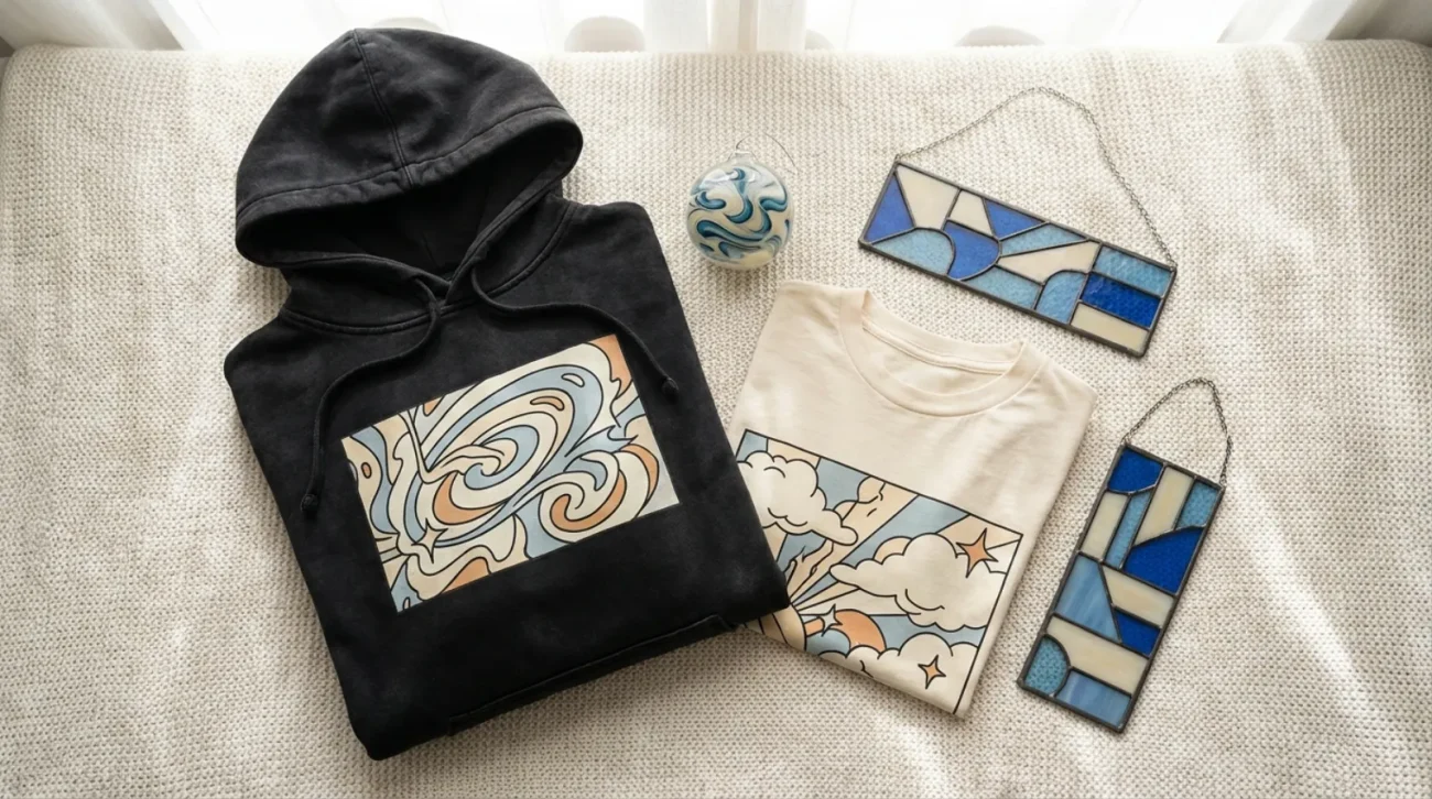 Peanuts shirt and Snoopy vintage hoodie apparel flat lay with keepsakes