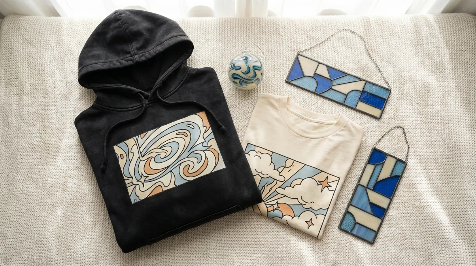Peanuts shirt and Snoopy vintage hoodie apparel flat lay with keepsakes