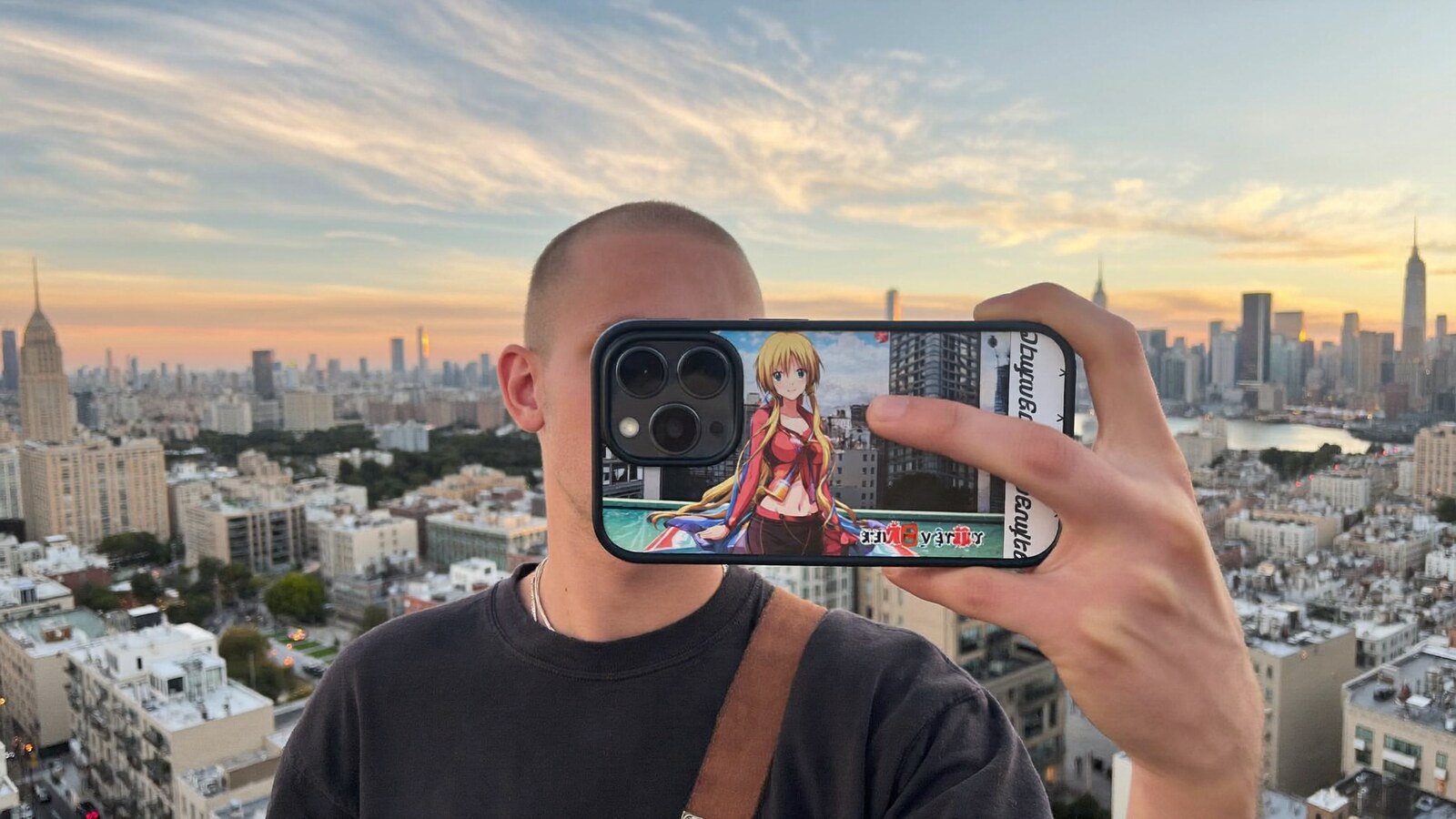 Anime-inspired phone case styled in a natural daylight scene