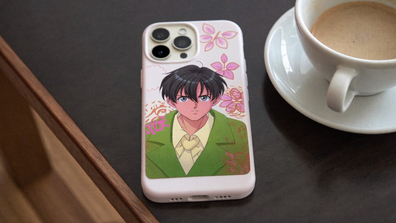 Person wearing an anime-inspired phone case in an editorial scene