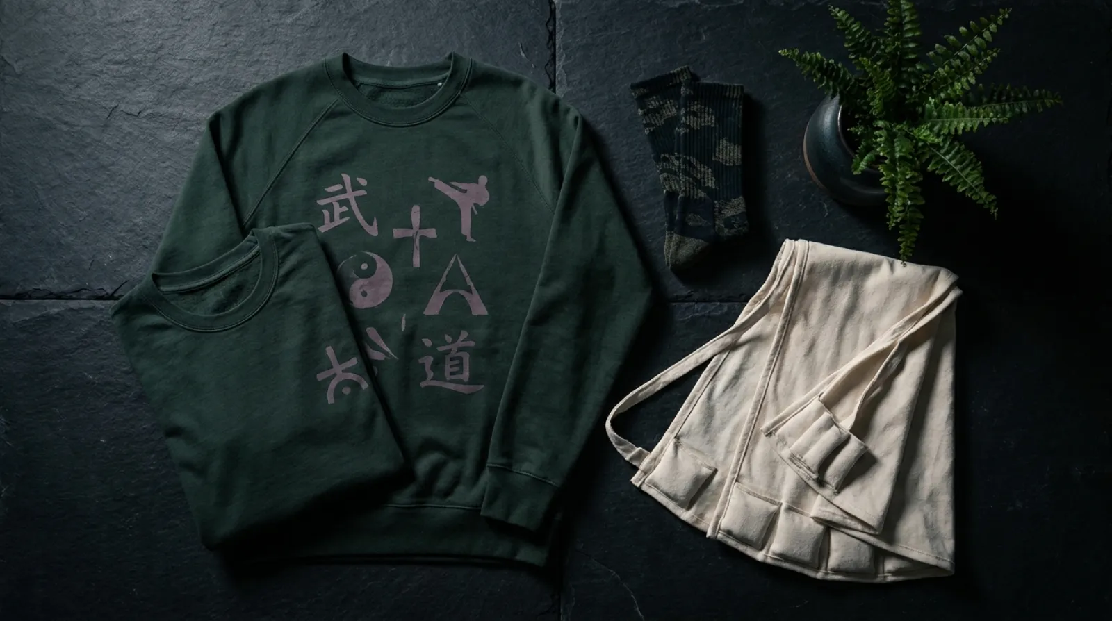 Green and purple martial-arts themed Piccolo shirt and sweatshirt flat-lay on slate