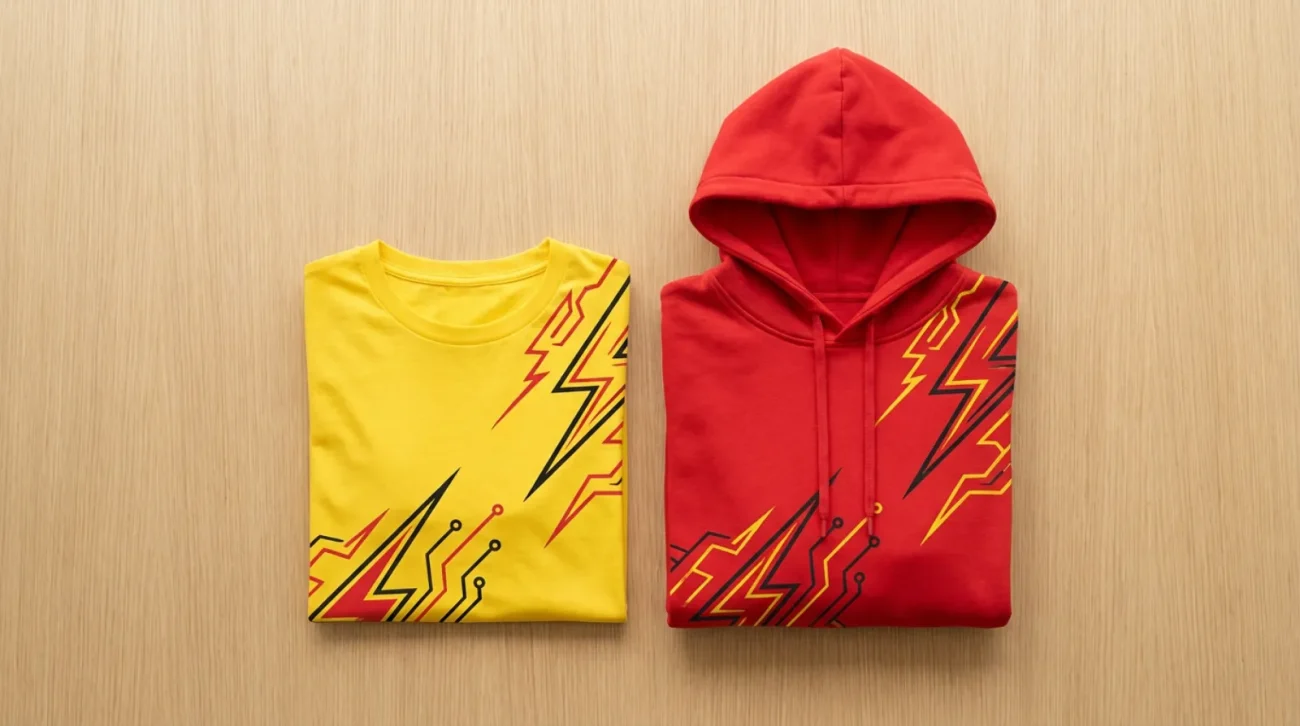 Pikachu shirt and hoodie flat lay in electric yellow and red