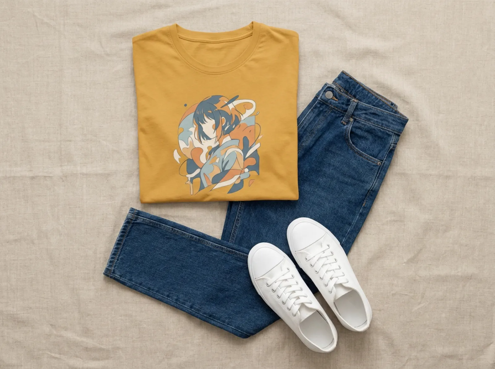 Yellow anime graphic tee styled with denim and white sneakers