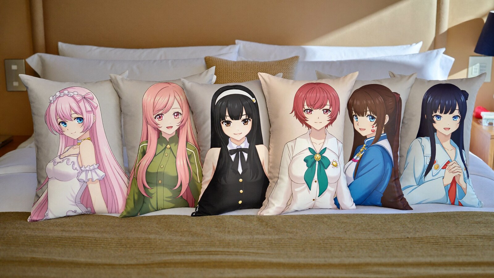 Anime-inspired pillowcase in a social or layered scene with friends