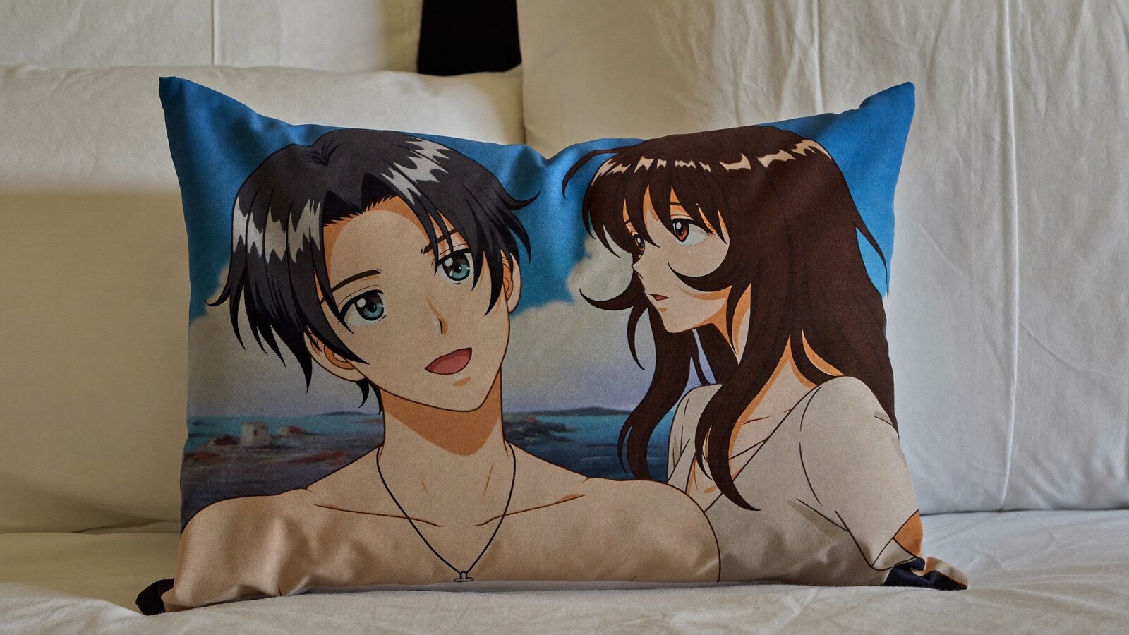 Anime-inspired pillowcase styled in a cinematic scene