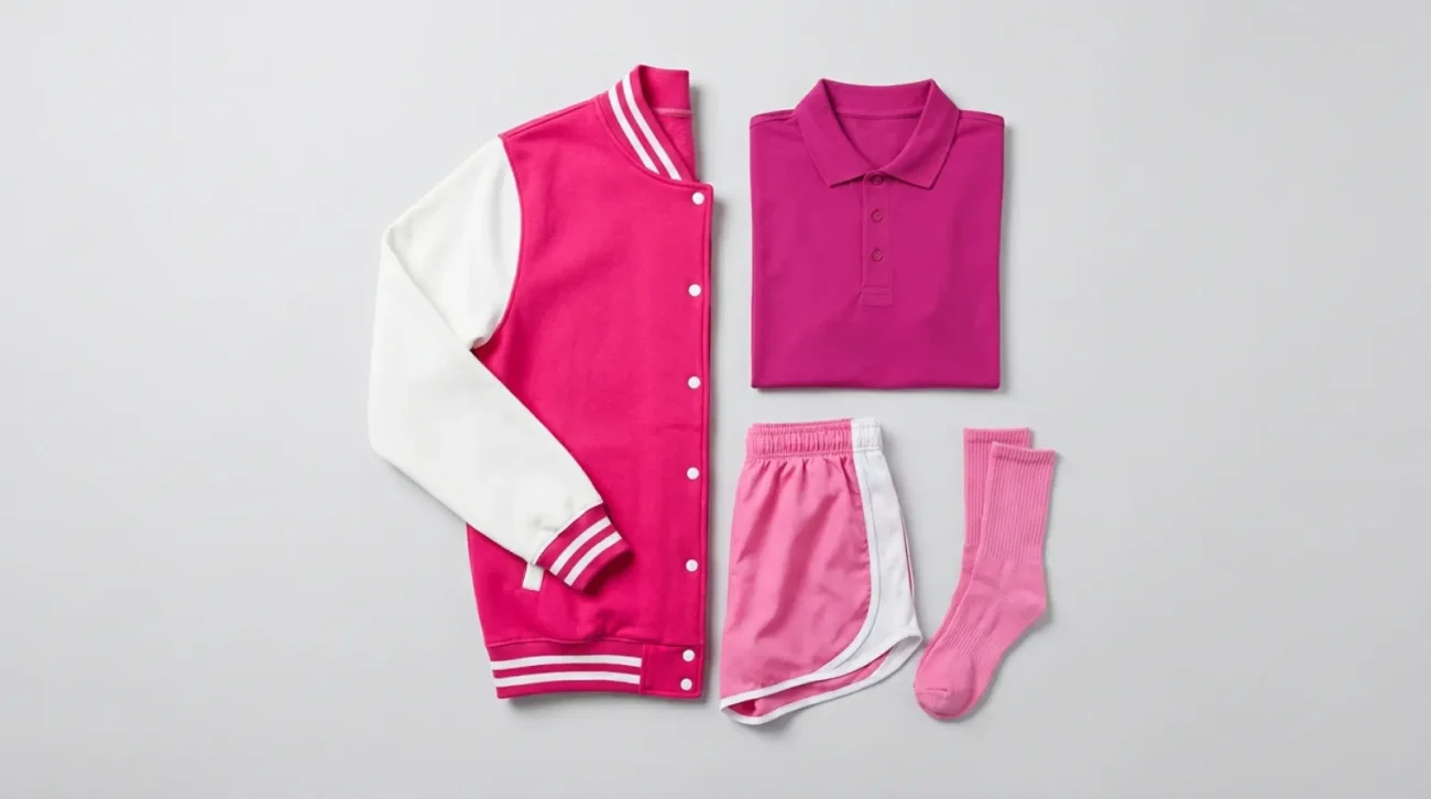 Pink Ranger shirt apparel flat lay with pink varsity jacket, polo, gym shorts and socks