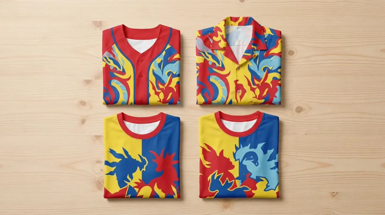 Pokemon merch flat lay with baseball jersey, Hawaiian shirt and tee in red yellow and blue