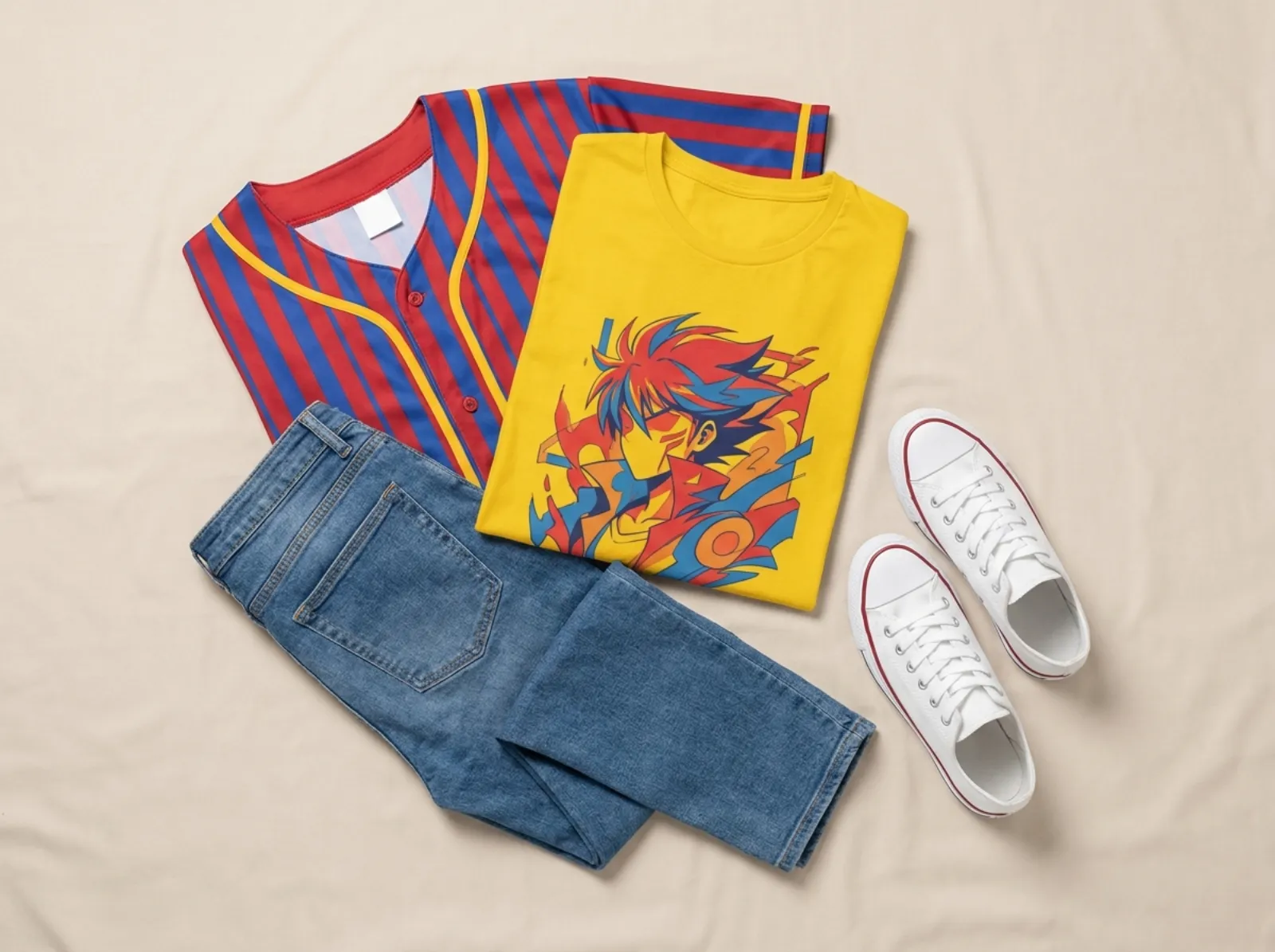 Pokemon graphic tee styled with baseball jersey, denim and sneakers