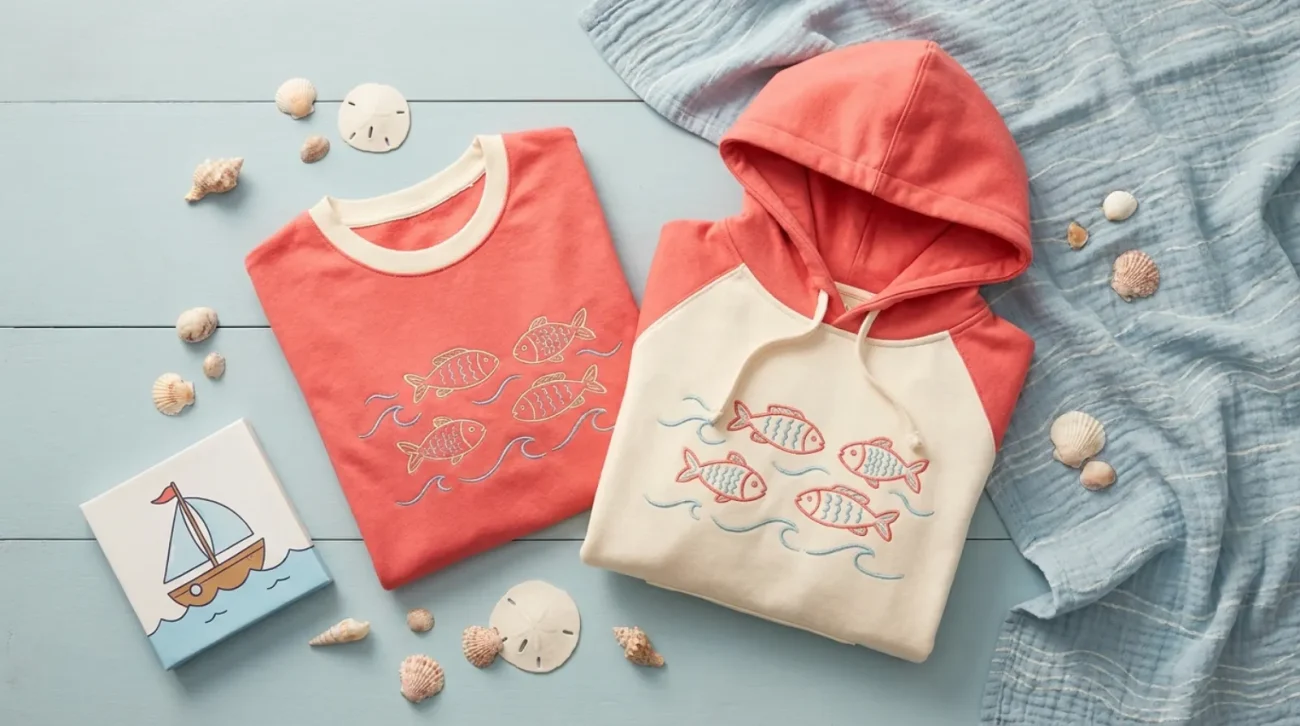 Pastel red Ponyo merch tee and cozy hoodie flat-lay with seashells and canvas art