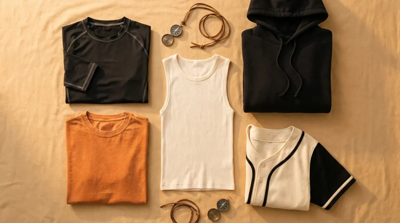 Fiery orange and black Portgas D. Ace merch flat-lay with rash guard, tee, tank and hoodie on warm sand surface