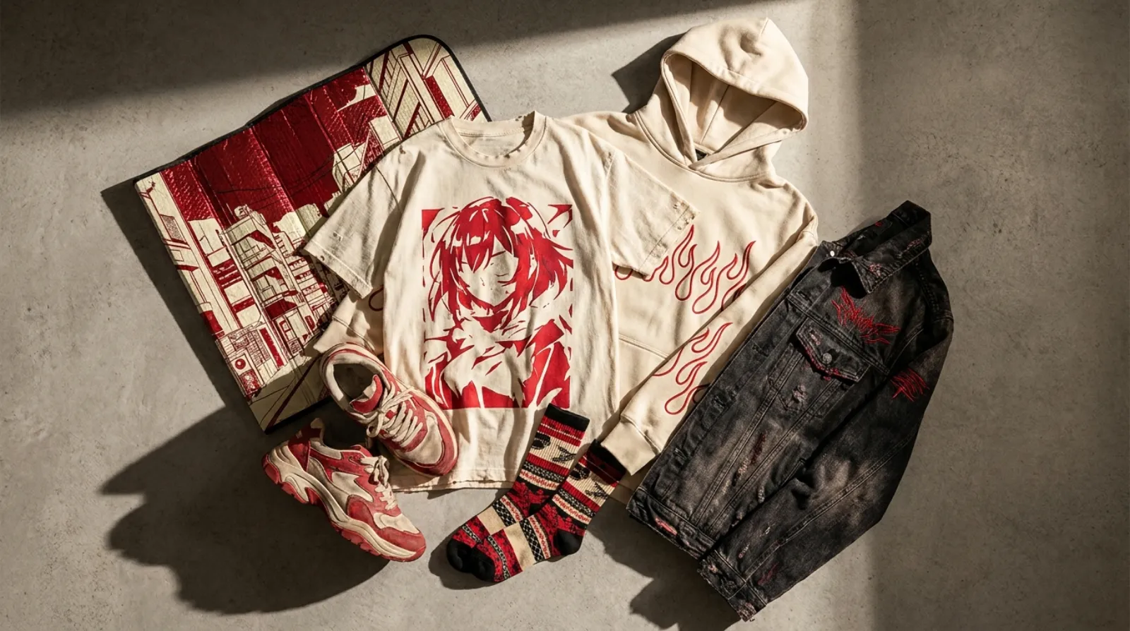 Power merch flat lay with Chainsaw Man streetwear tee, hoodie and socks in red and cream