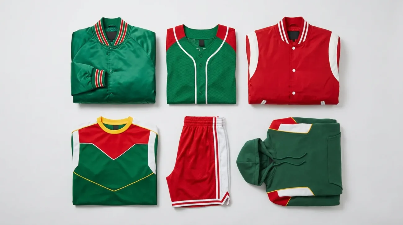 Flat-lay of Power Rangers merch including green and red varsity jackets, a baseball jersey and athletic shorts