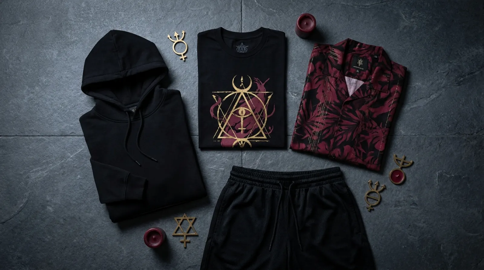 Pride shirt Fullmetal Alchemist merch flat lay with tee, hoodie, Hawaiian button-up and shorts in dark crimson and black