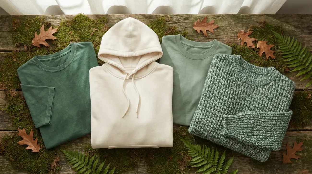 Forest green and cream Princess Mononoke shirt and hoodie flat-lay on mossy nature surface with leaves