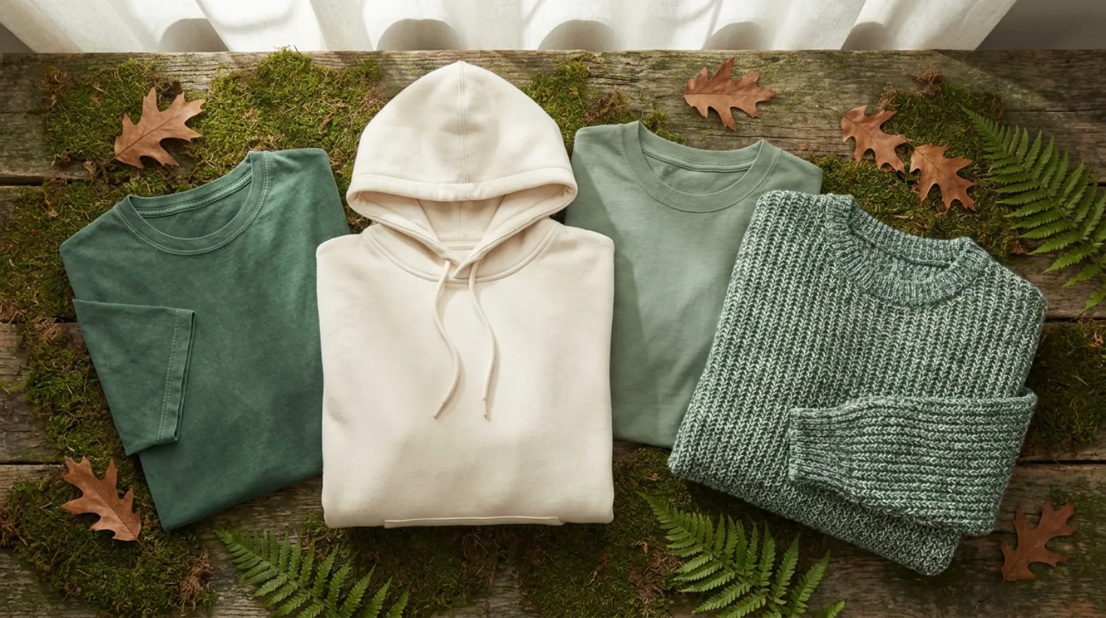 Forest green and cream Princess Mononoke shirt and hoodie flat-lay on mossy nature surface with leaves