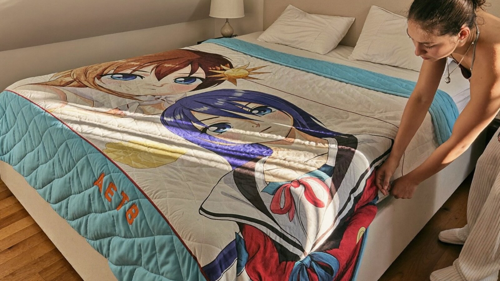 Anime-inspired quilt bed sets styled in a natural daylight scene