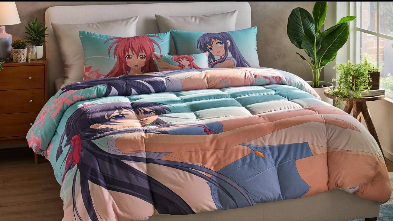 Anime-inspired quilt bed sets styled in a cinematic scene