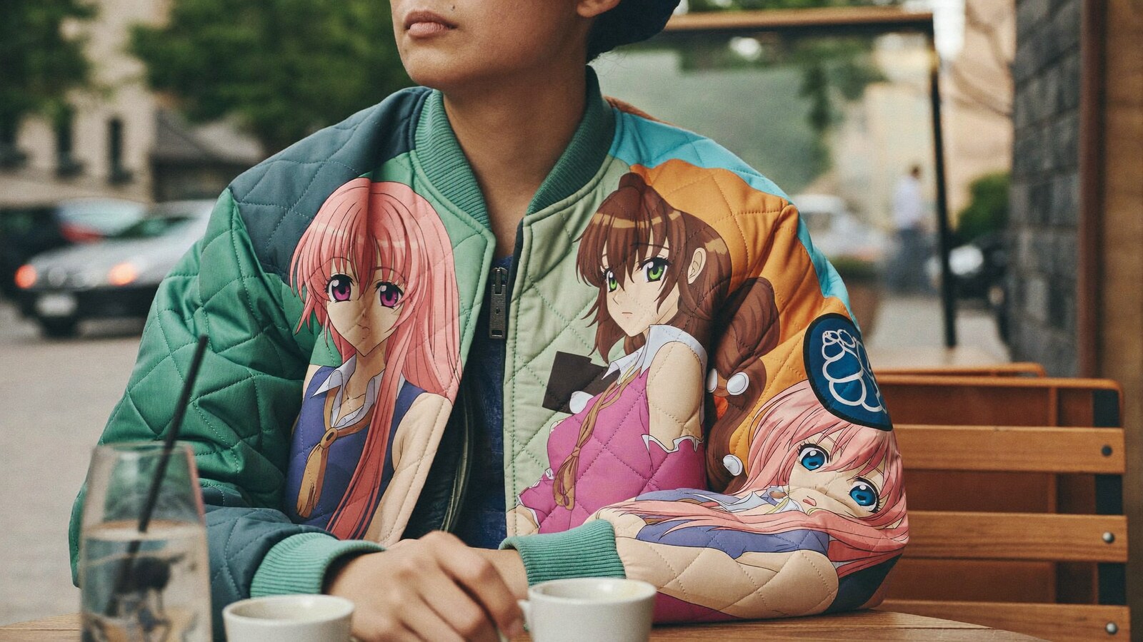 Anime-inspired quilted bomber jacket styled in a natural daylight scene