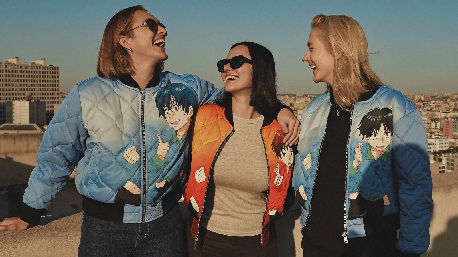 Anime-inspired quilted bomber jacket in a social or layered scene with friends