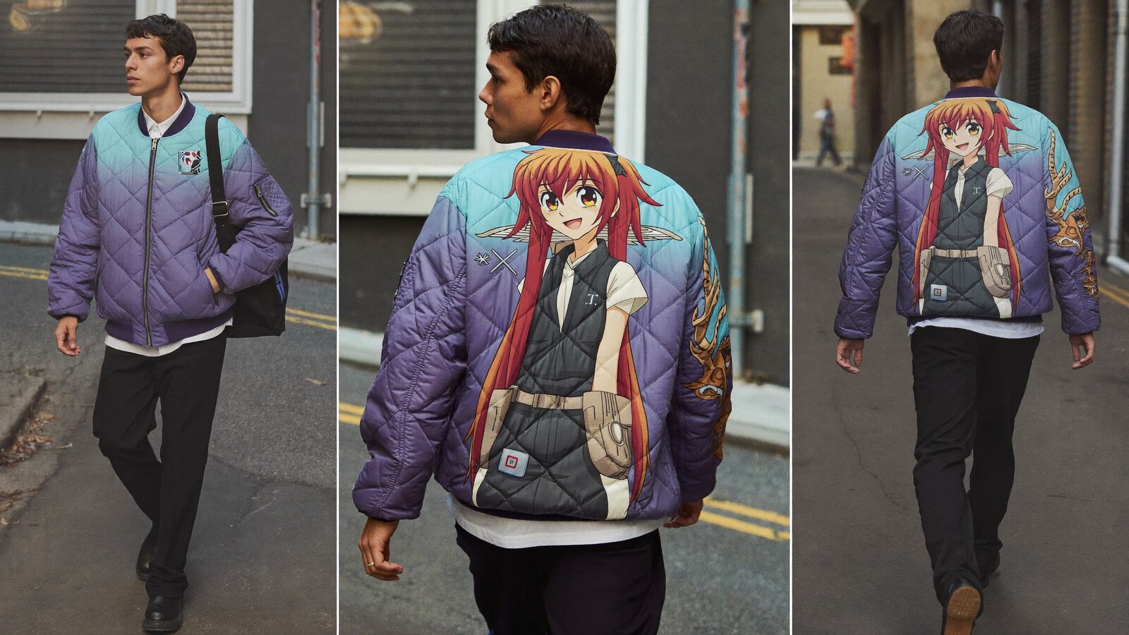 Anime-inspired quilted bomber jacket styled in a cinematic scene