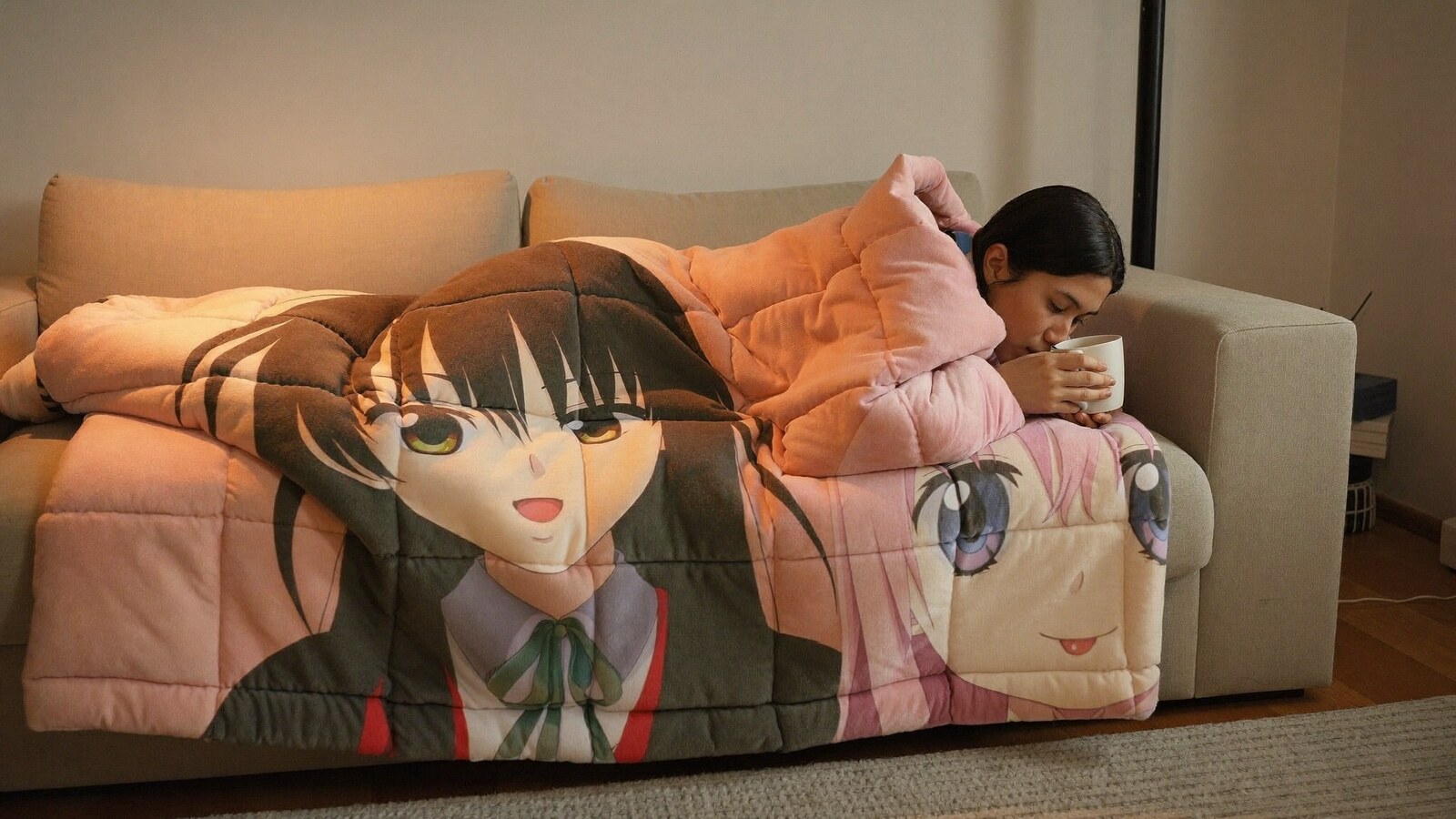 Anime-inspired quilts blanket styled in a natural daylight scene