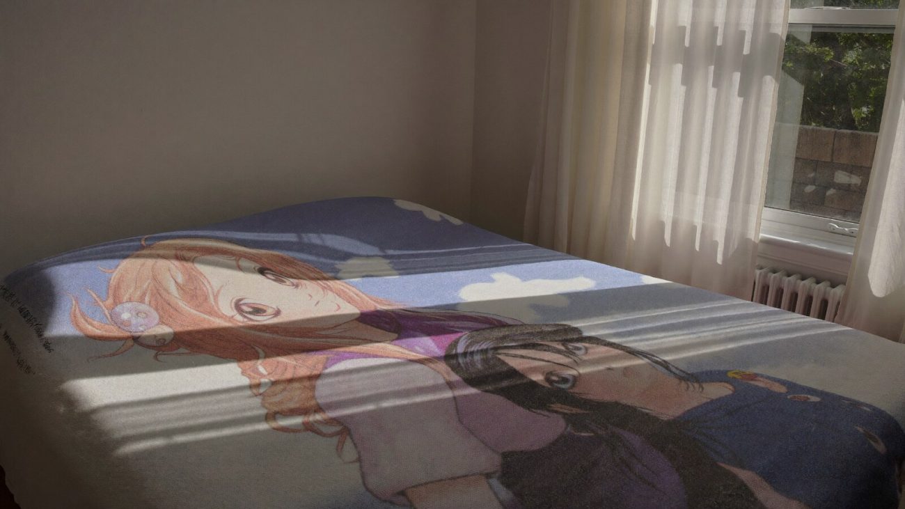 Anime-inspired quilts blanket styled in a cinematic scene