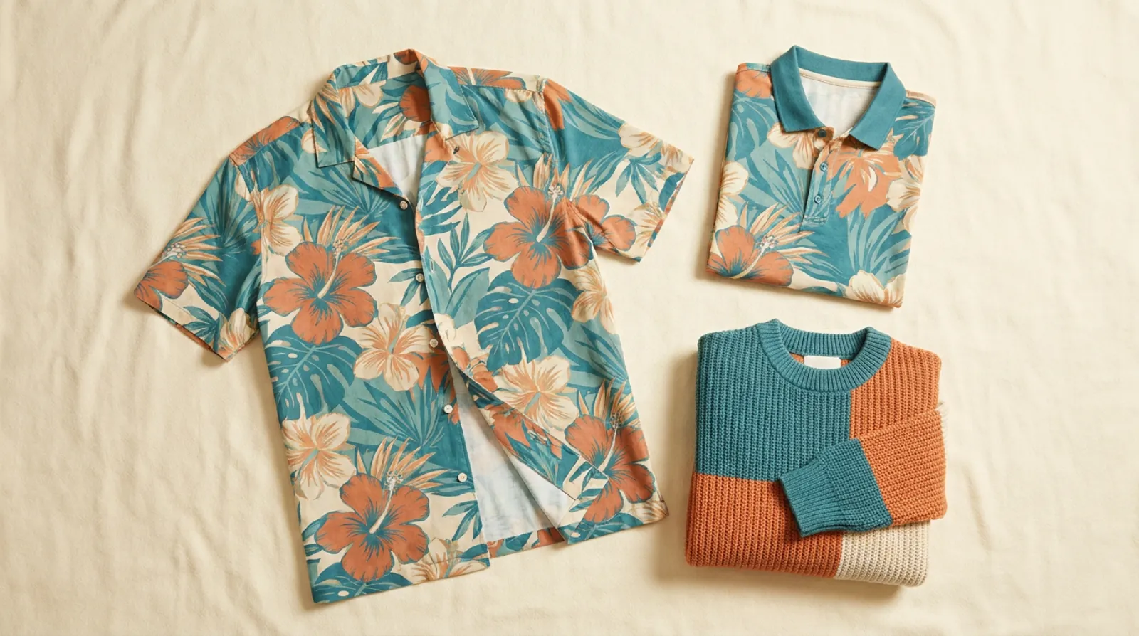 Randy Savage Macho Man merch flat lay with retro tropical Hawaiian shirt, polo and sweater