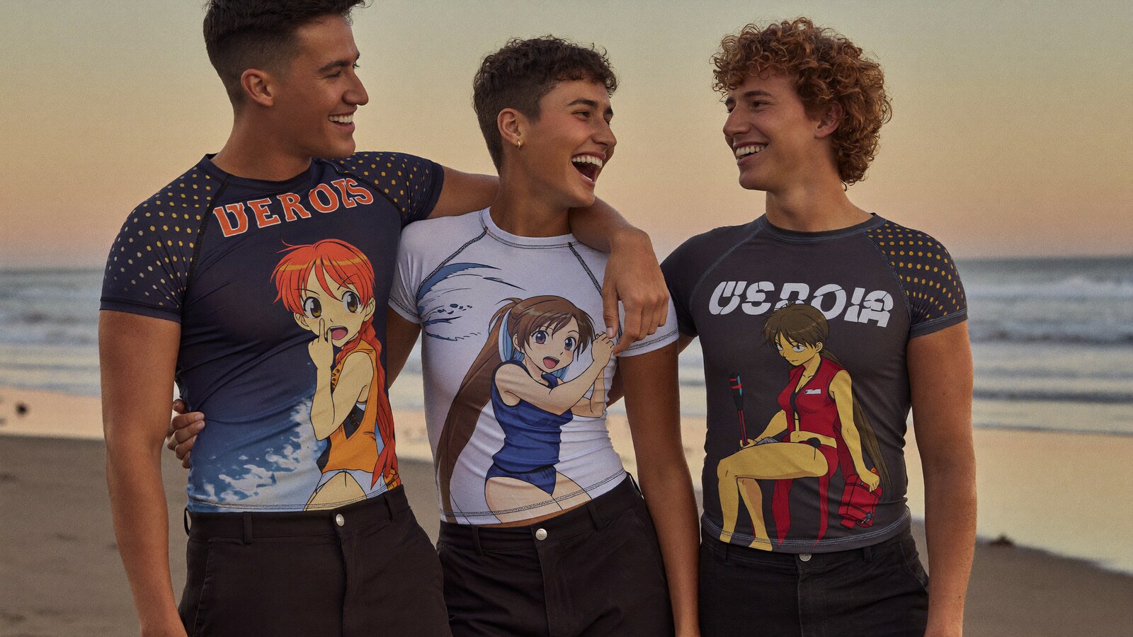 Anime-inspired rash guard compression shirts in a social or layered scene with friends