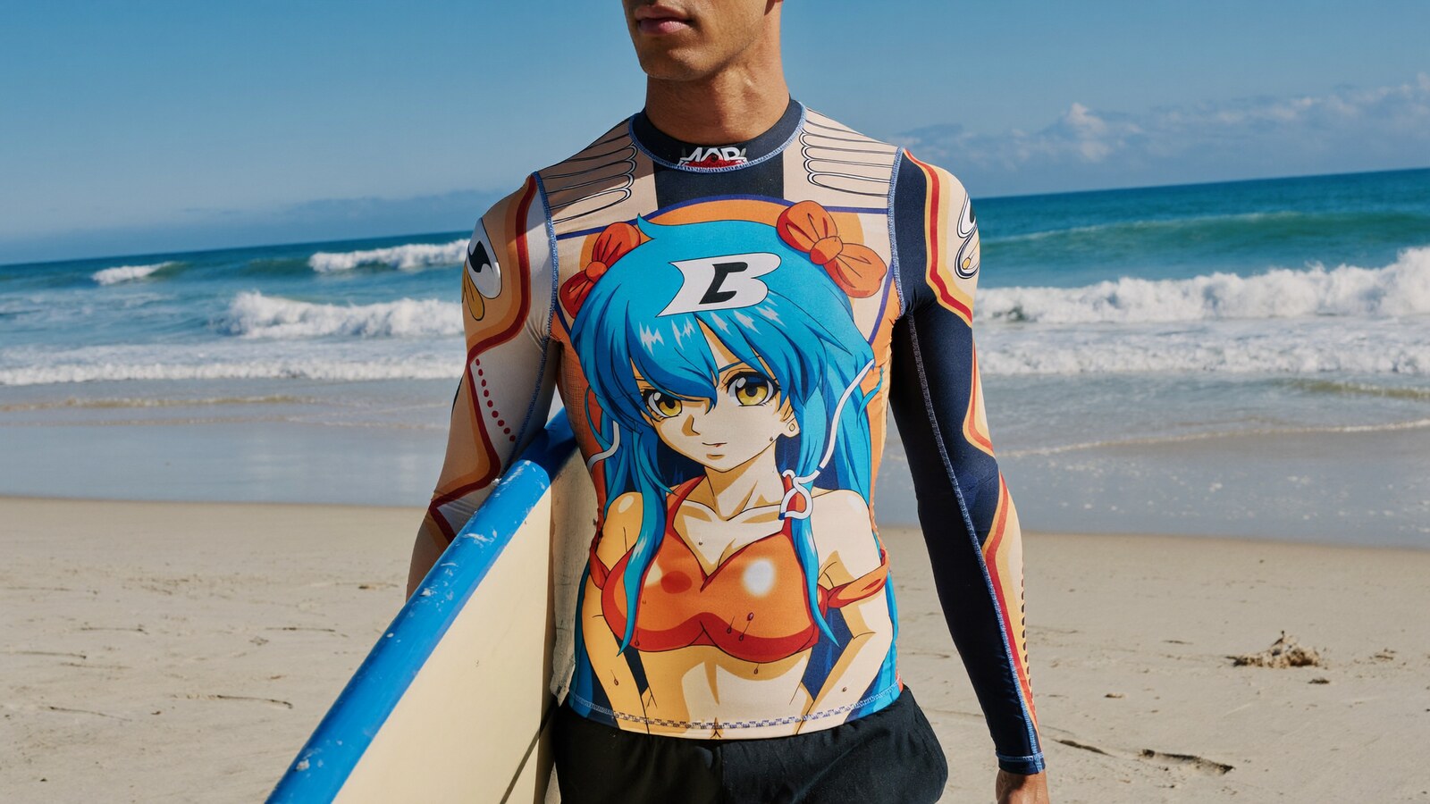 Person wearing an anime-inspired rash guard compression shirts in an editorial scene