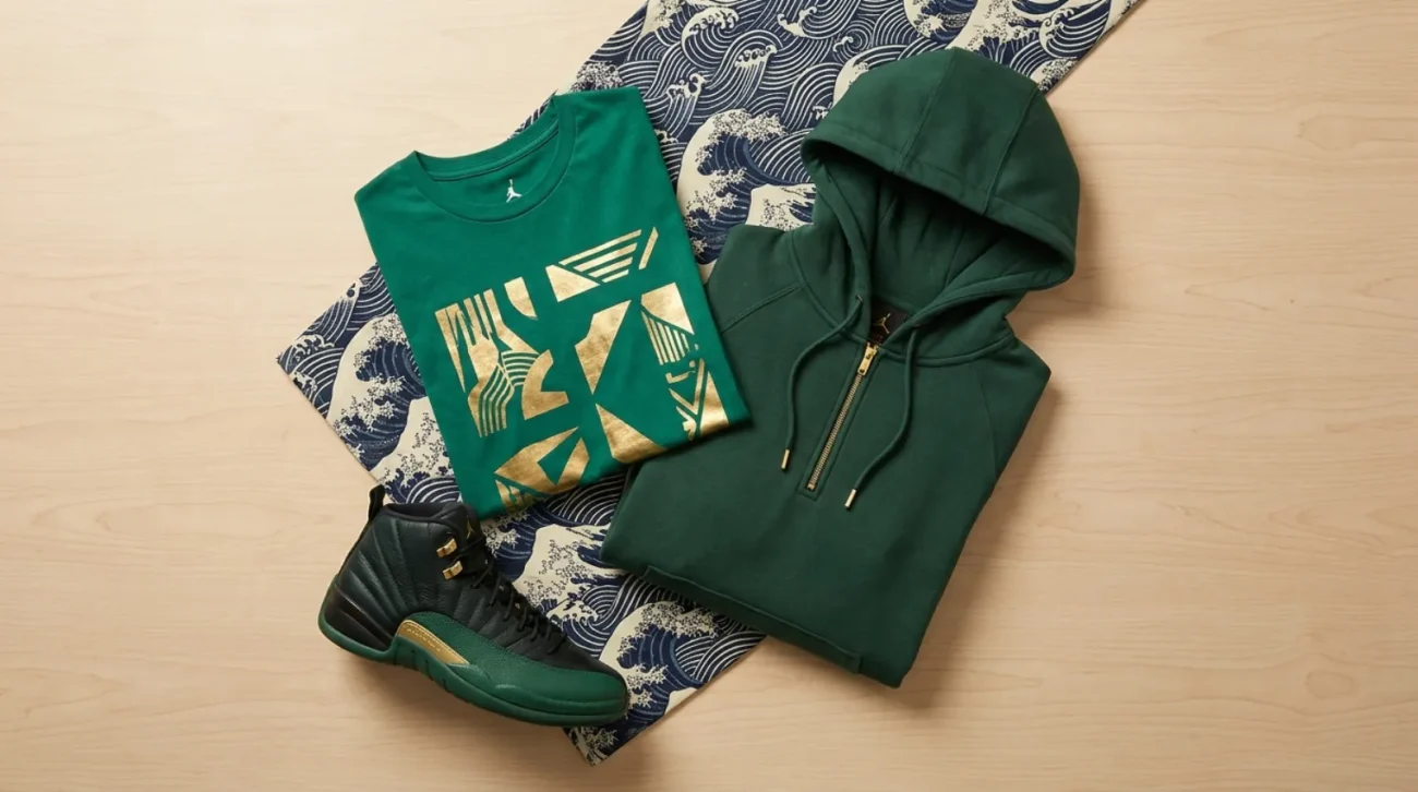 Flat-lay of an emerald-green Rayquaza shirt, hoodie, and sneakers on light wood