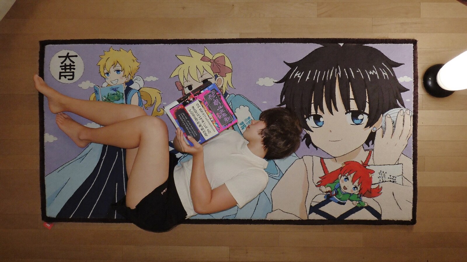 Anime-inspired rectangle rug in a social or layered scene with friends