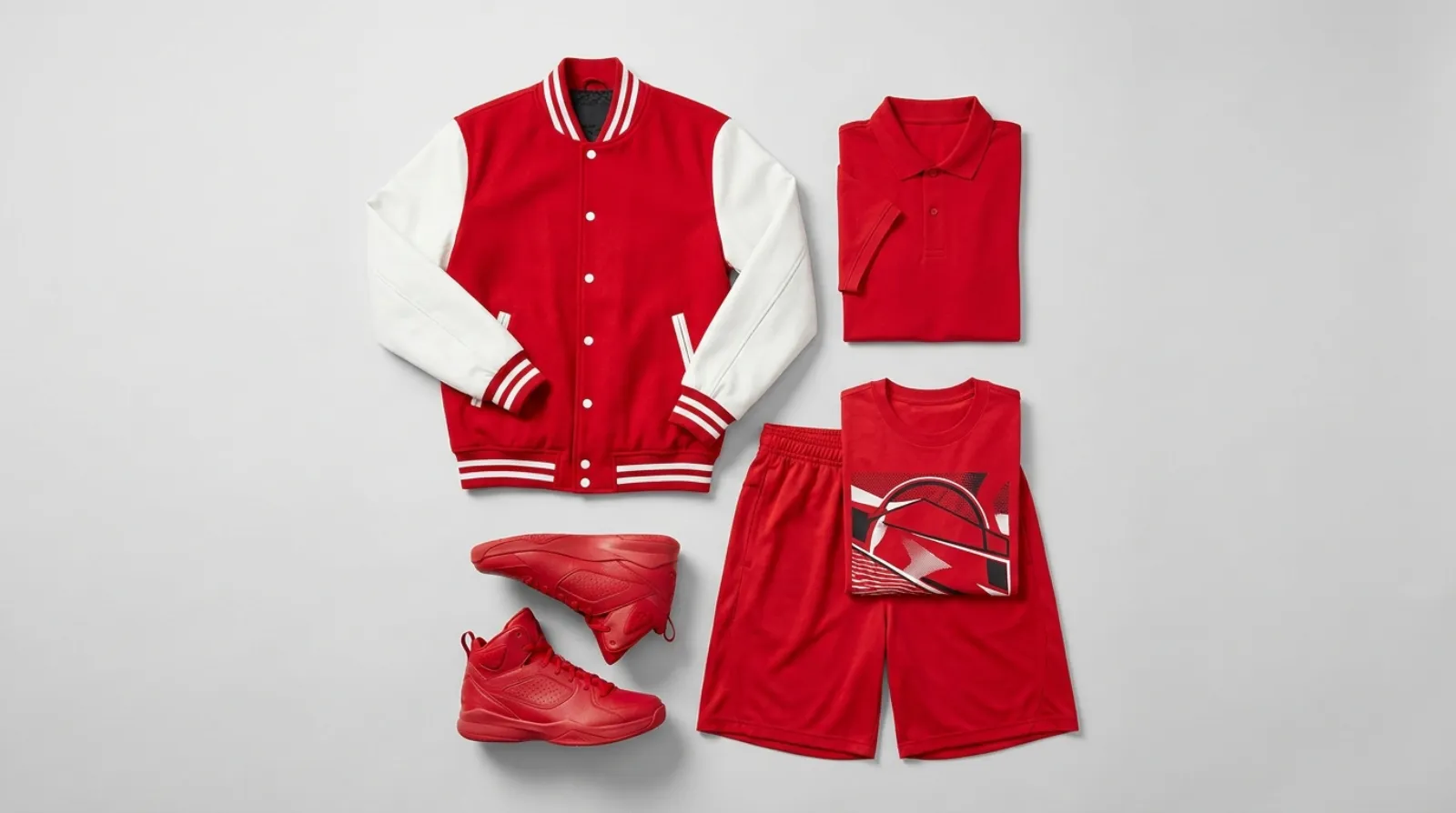 Red Ranger shirt apparel flat lay with red varsity jacket, polo, tee and basketball shoes