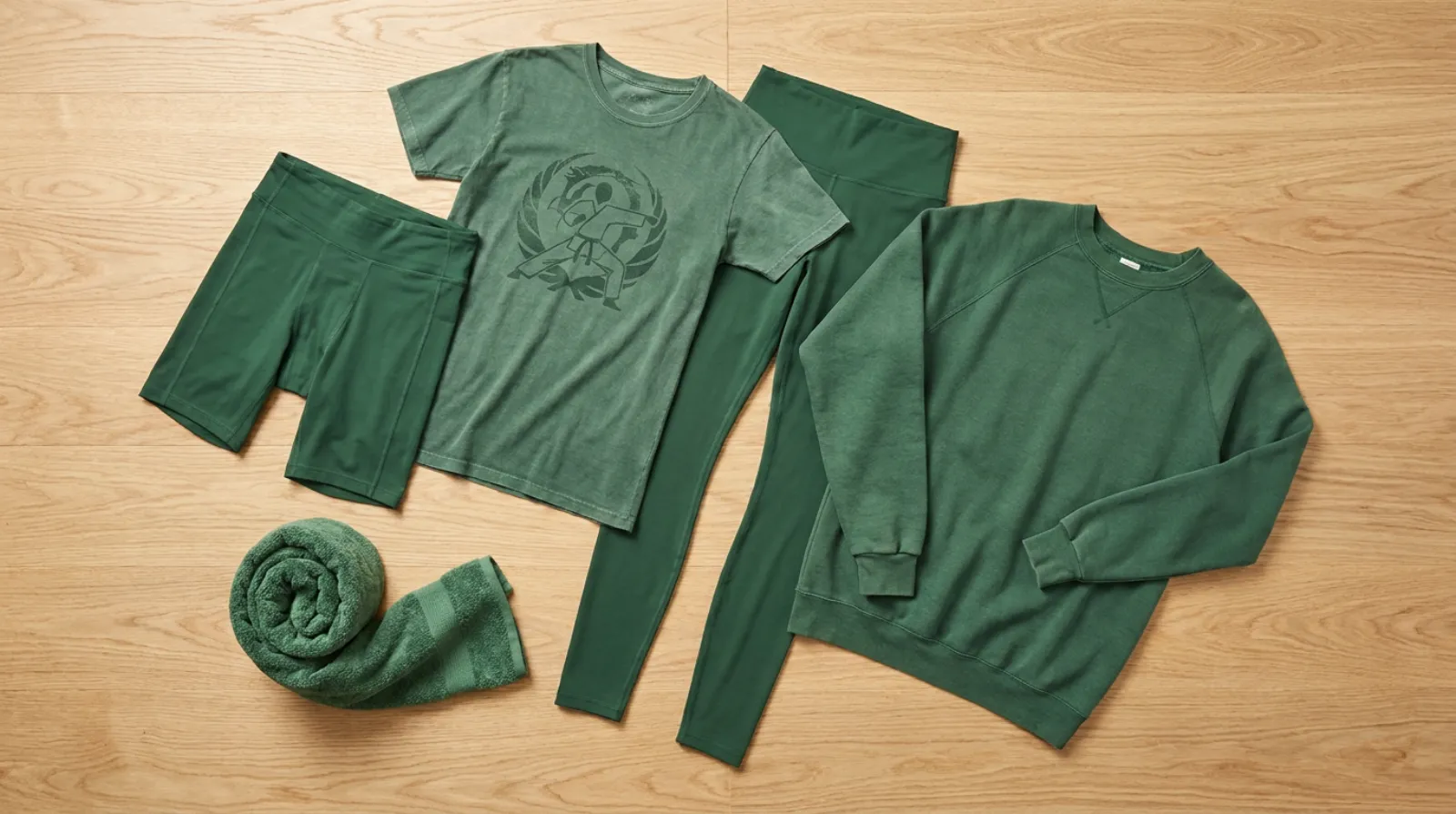 Rock Lee shirt and Naruto training gear flat lay with green athletic shorts and apparel