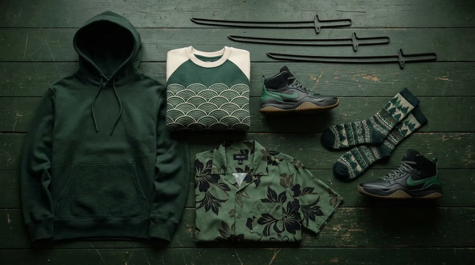 Flat-lay of Roronoa Zoro merch including green hoodie, Wano Hawaiian shirt, basketball shoes, sweatshirt, and socks