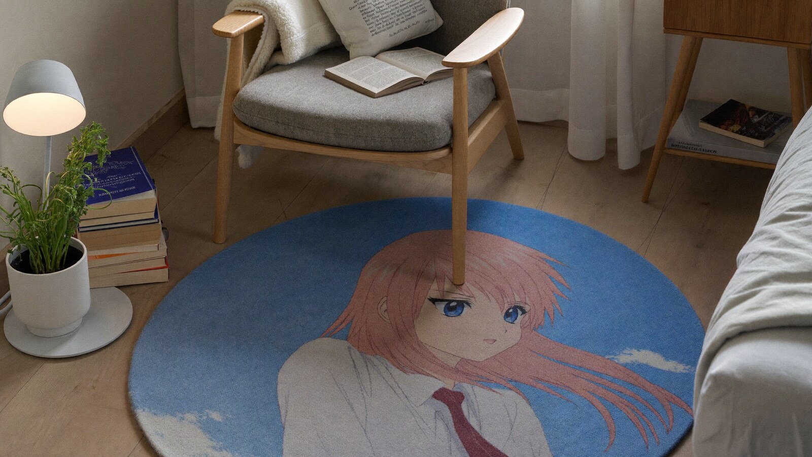 Anime-inspired round rug styled in a natural daylight scene