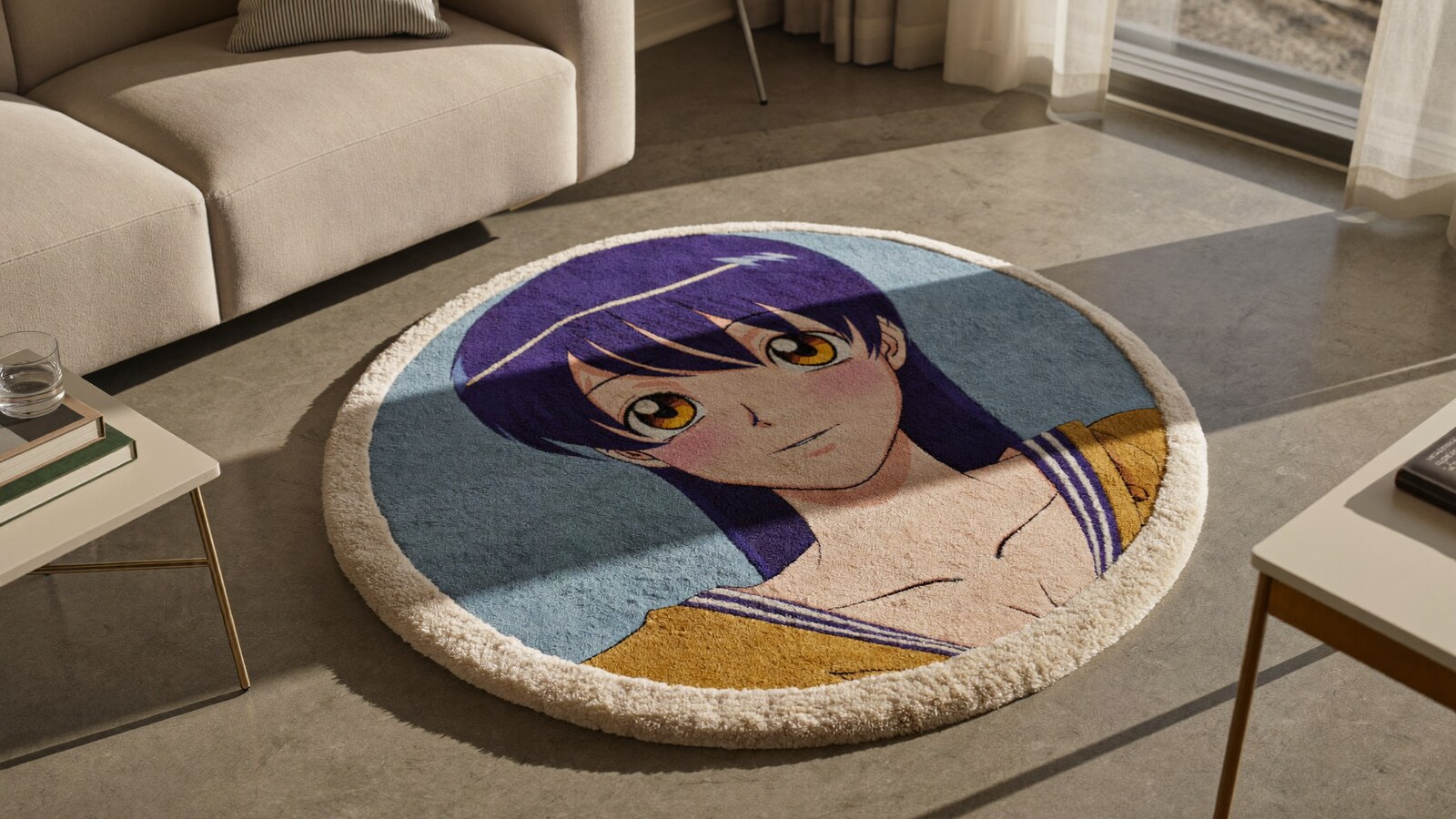 Anime-inspired round rug styled in a cinematic scene