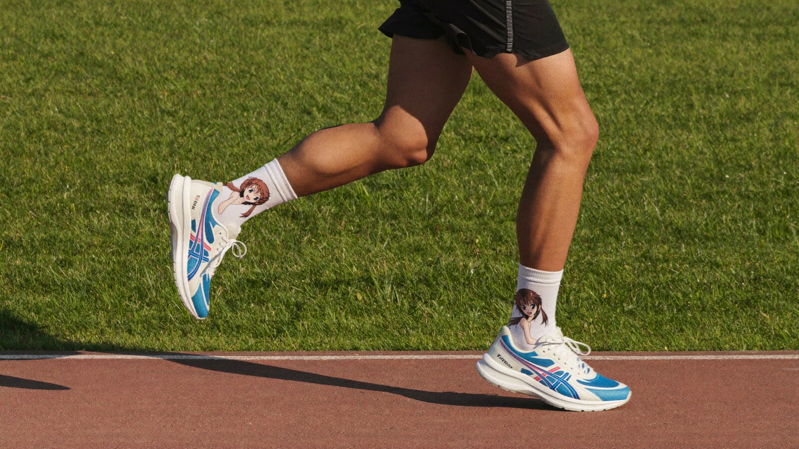 Person wearing an anime-inspired running shoes in an editorial scene