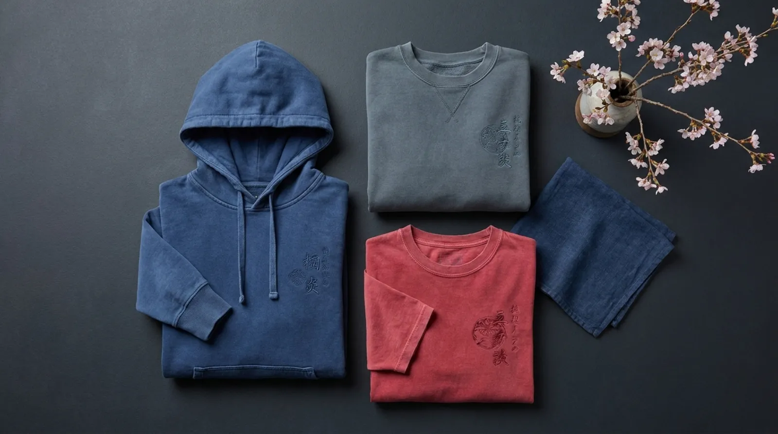 Rurouni Kenshin shirt flat-lay with a vintage hoodie, tee and sweatshirt in muted indigo and crimson