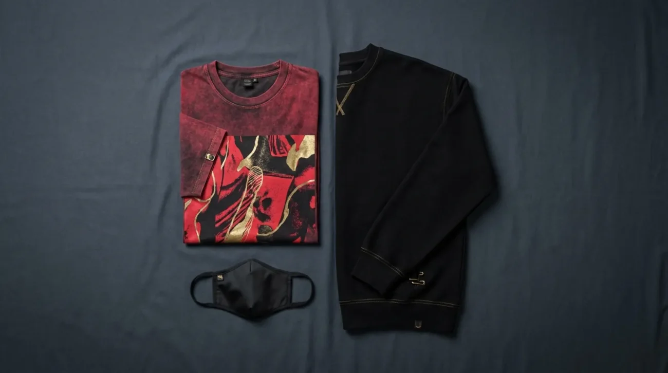 Ryomen Sukuna merch flat lay with crimson tee, sweatshirt and mask