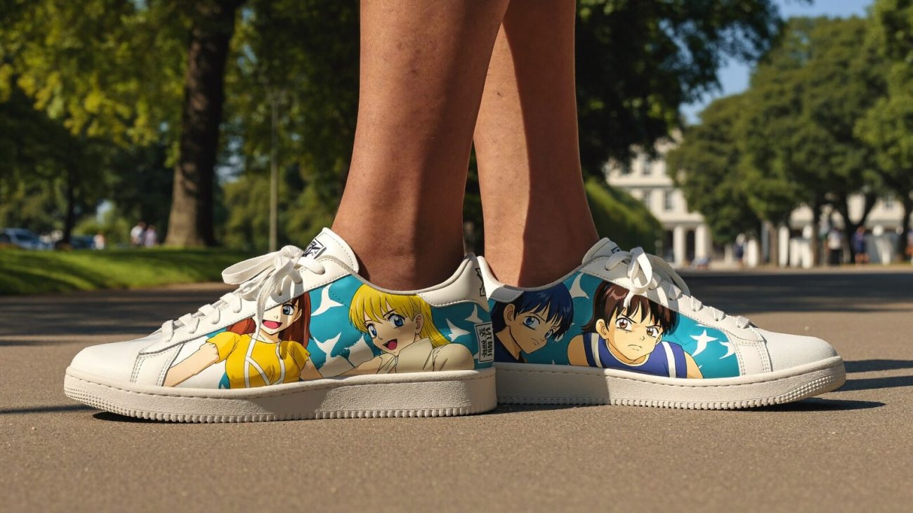 Person wearing an anime-inspired s1 shoes in an editorial scene