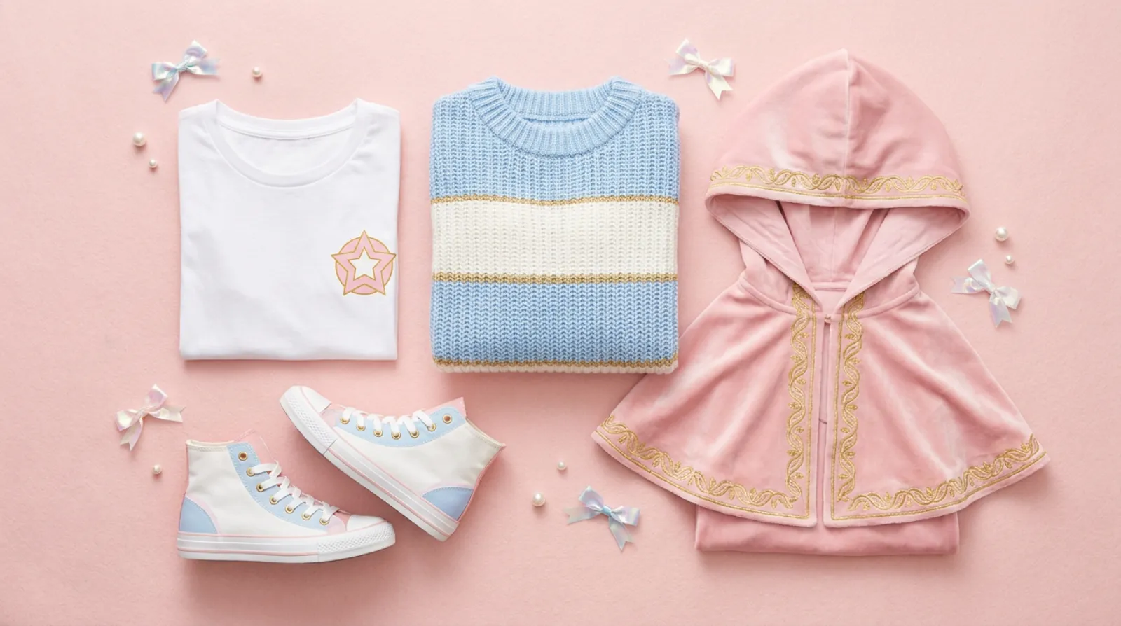 Sailor Moon merch apparel flat lay in pastel pink and gold, graphic tee sweater and cloak coat