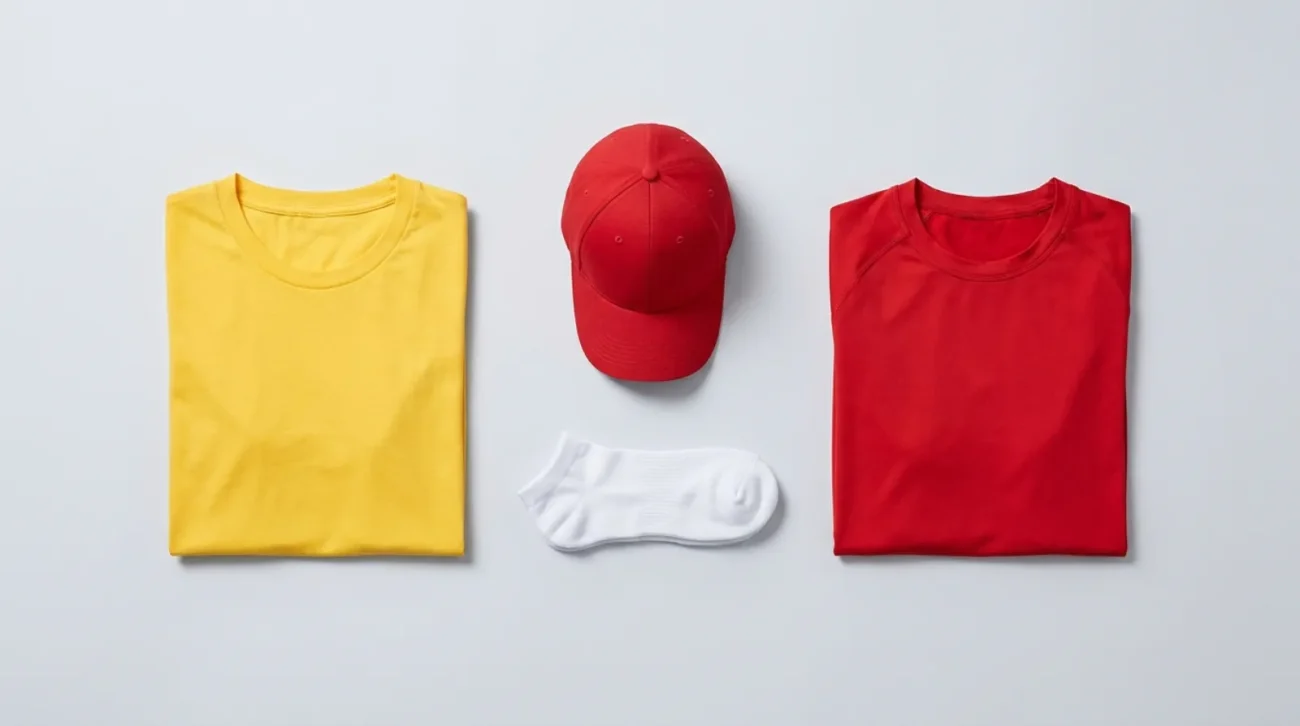 Saitama merch flat lay of yellow and red anime apparel, cap, tee and socks
