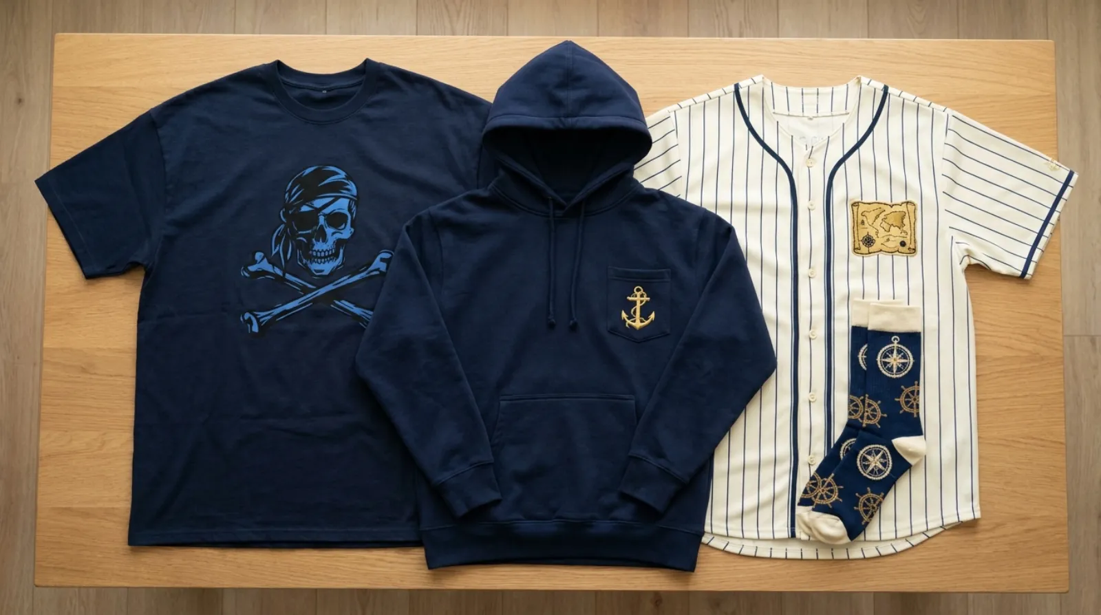 Sanji merch flat-lay with One Piece graphic tee, navy hoodie, jersey and socks