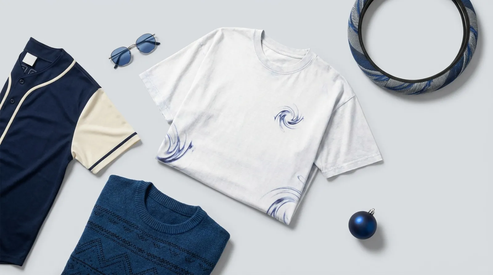 Flat-lay of Satoru Gojo merch and Jujutsu Kaisen apparel