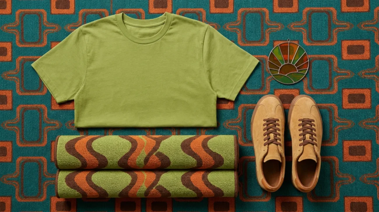 Scooby-Doo merch flat lay with retro Mystery Machine green and orange