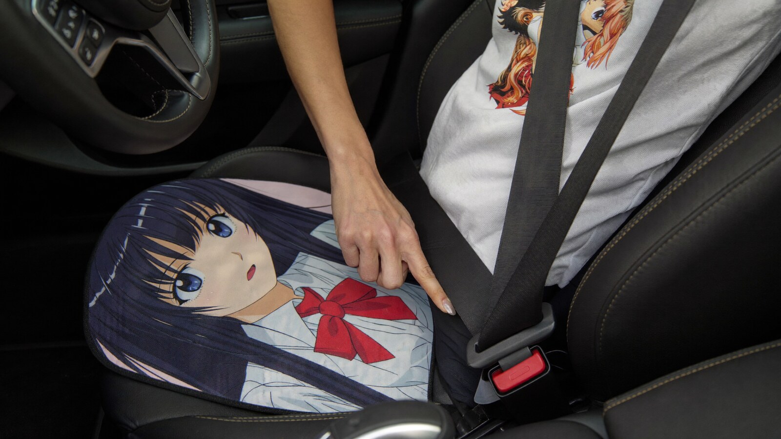 Anime-inspired car seat belt covers styled in a natural daylight scene
