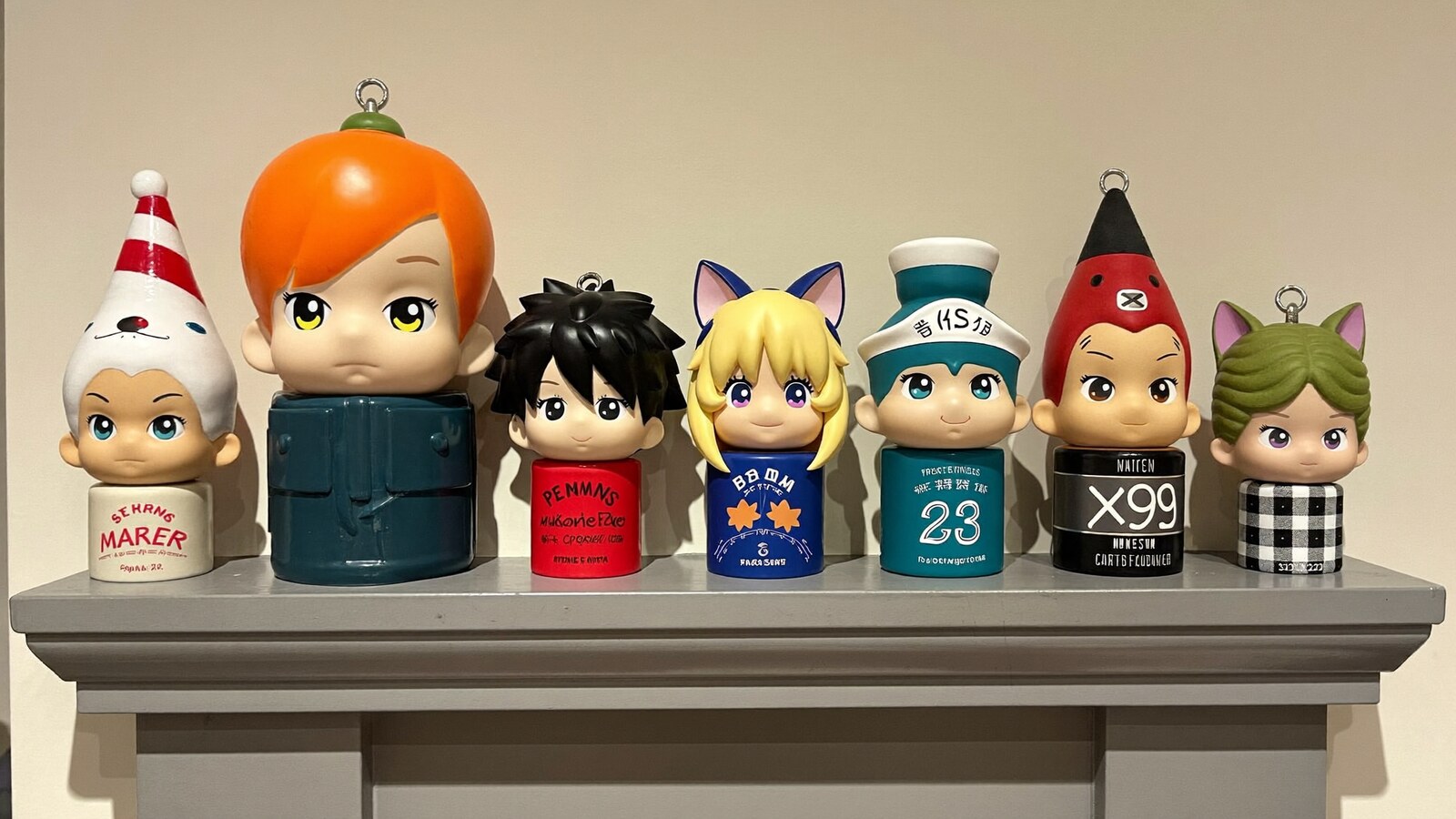 Anime-inspired shaker ornaments styled in a natural daylight scene