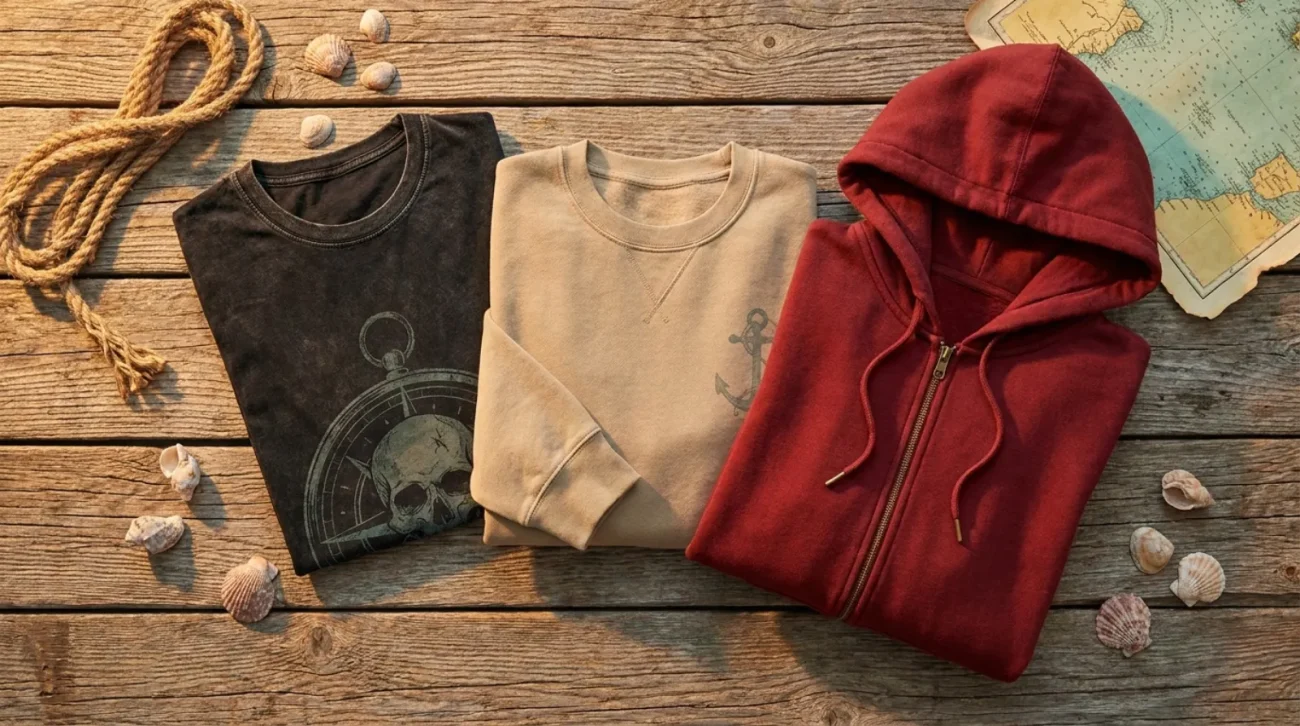 Flat-lay of a Shanks shirt and One Piece vintage hoodie on weathered driftwood